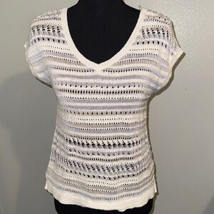 White House Black Market Ivory Open-Knit V-Neck Short Sleeve Top